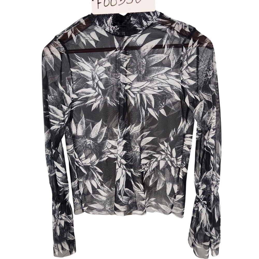 Zara Trafaluc Black White Palm‎ Print Sheer Ruched Neck Balloon Sleeve Blouse S